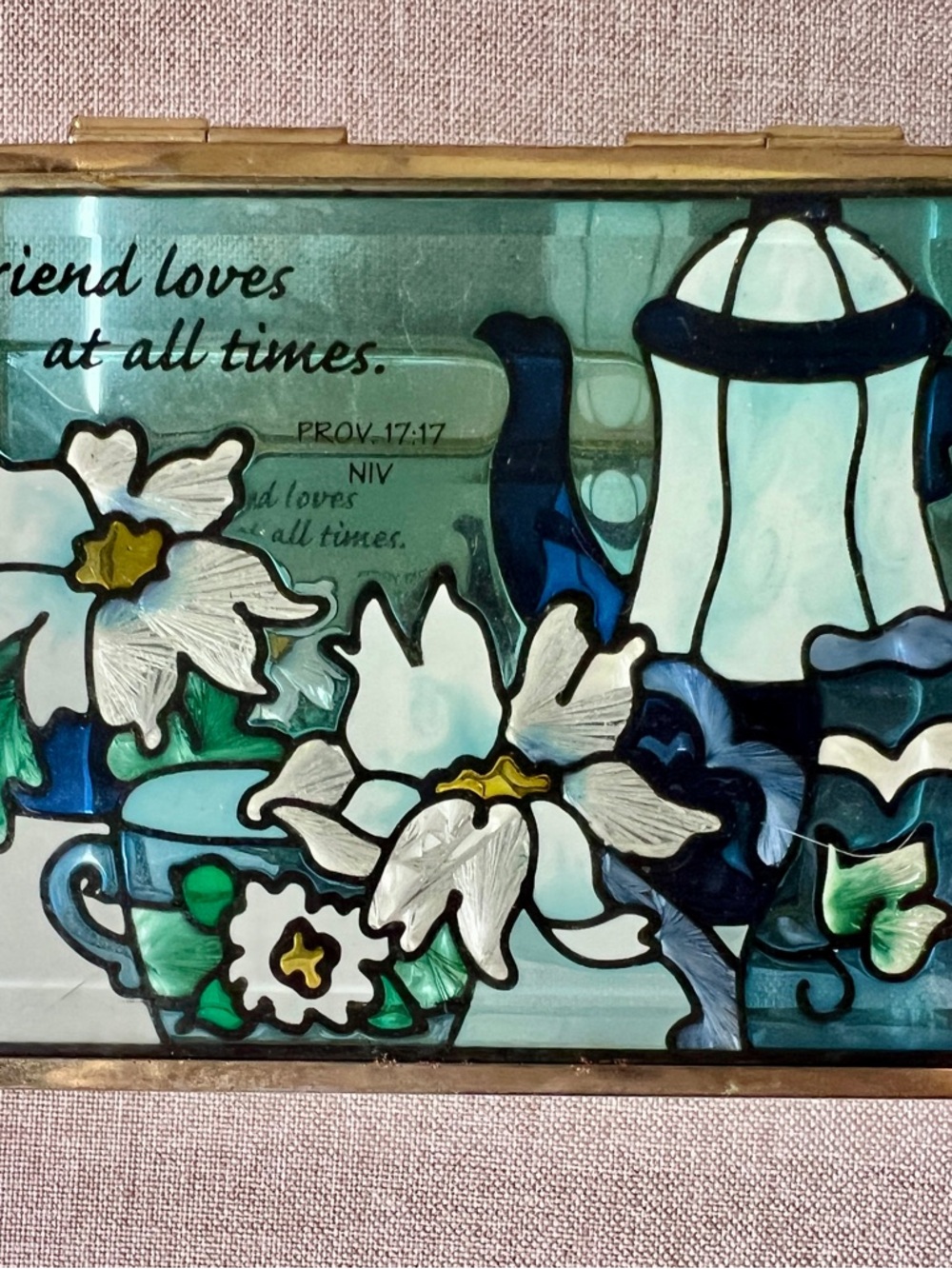 Stained Glass Floral Trinket Box with Script